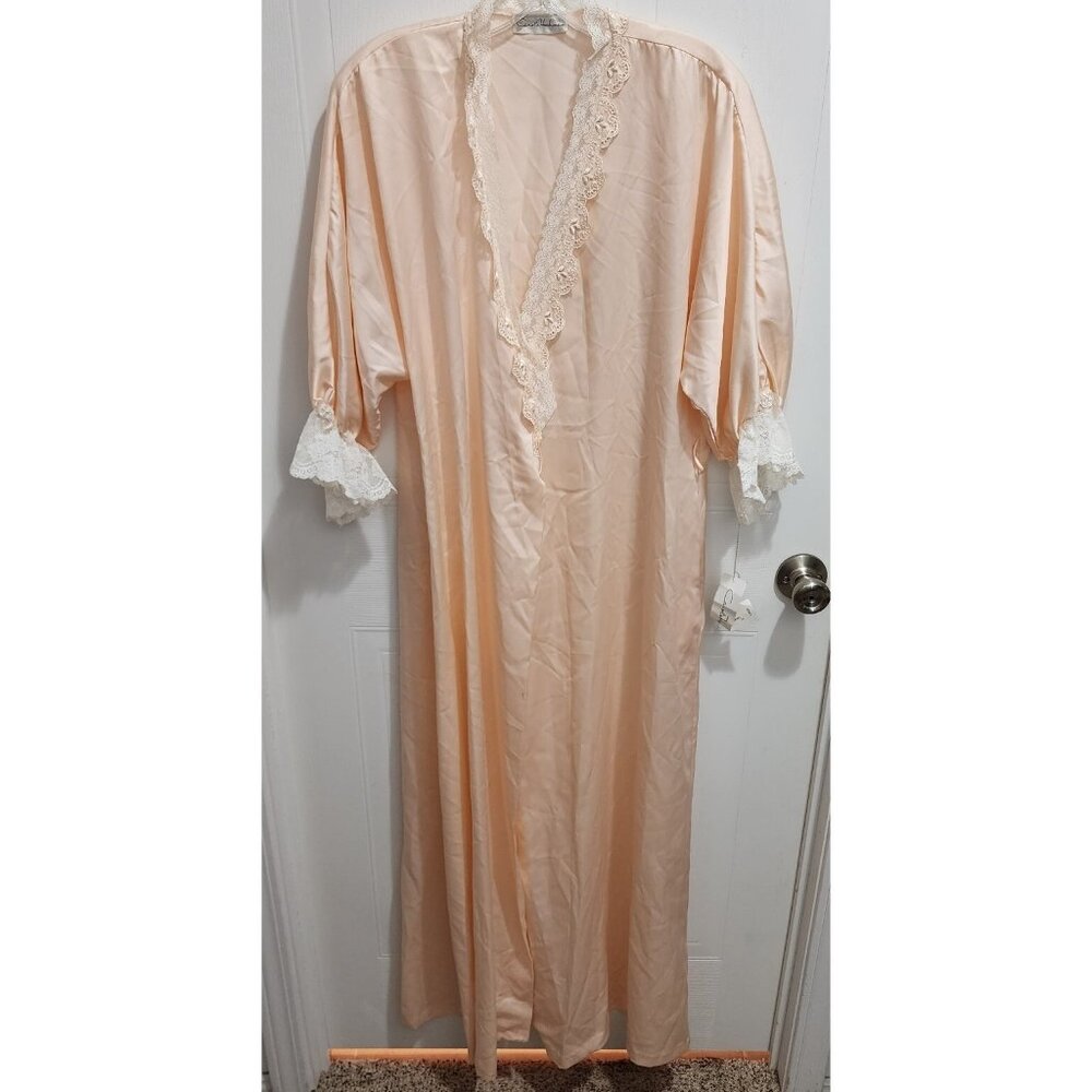NEW Vtg Carole Hochman Ruffle Sleeve Long Robe Satin Lace Trim Peach Size‎ Large